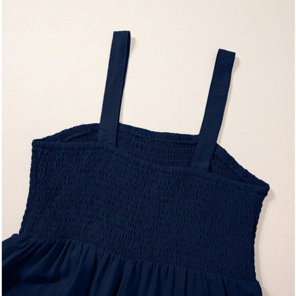 Shirred Navy Blue Wide Leg Jumpsuit With Pockets - Picture 8 of 9
